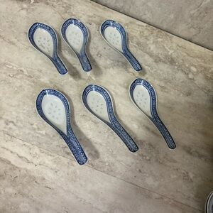 6 Pcs Blue & White porcelain Soup Spoons Chinese  Ceramic Spoon  Rice Grain VTG
